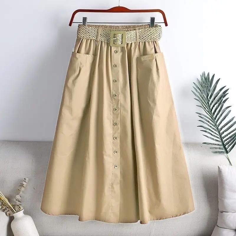 Summer High Waist Midi A-Line Skirt With Belt  Elastic Waist Pocket Design Slimming Pure Color Split Half Body Skirts for Women