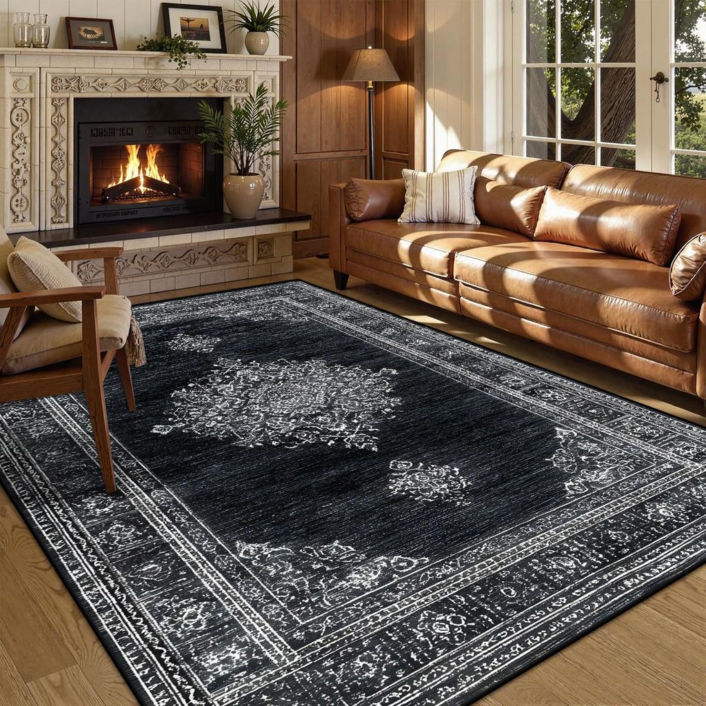 Persian American Black Carpet Large Area Living Room Decoration Home Retro Ethnic Bedroom Rug Cloakroom Lounge Soft Mat Washable