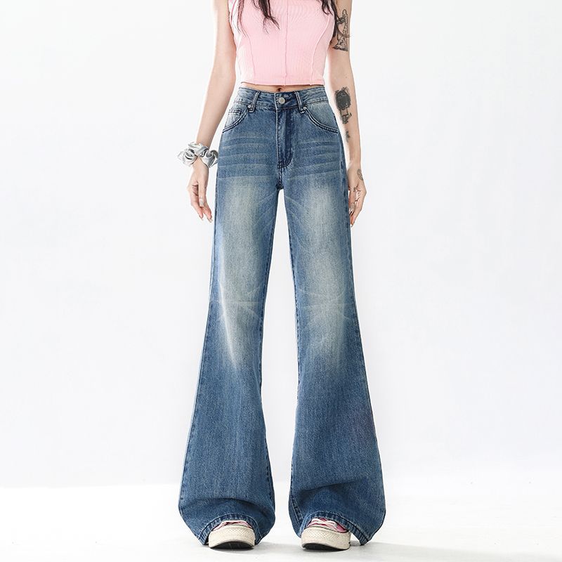 American retro wide-leg medium and low-rise jeans women's summer loose, thin and high casual floor-mopping flared pants