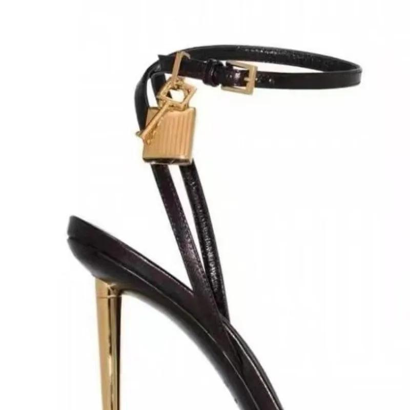 Fashion Summer New Concise 10cm High Heel Padlock Decorative Sandals European and American Fashionable Black Gold Women's Shoes 36-45