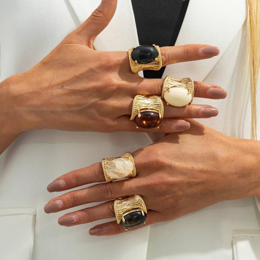 SHIXIN 5 Colors Luxury Elliptical Acrylic Chunky Open Rings for Women Vintage Geometric Golden Adjustable Wide Knuckle Ring Gift