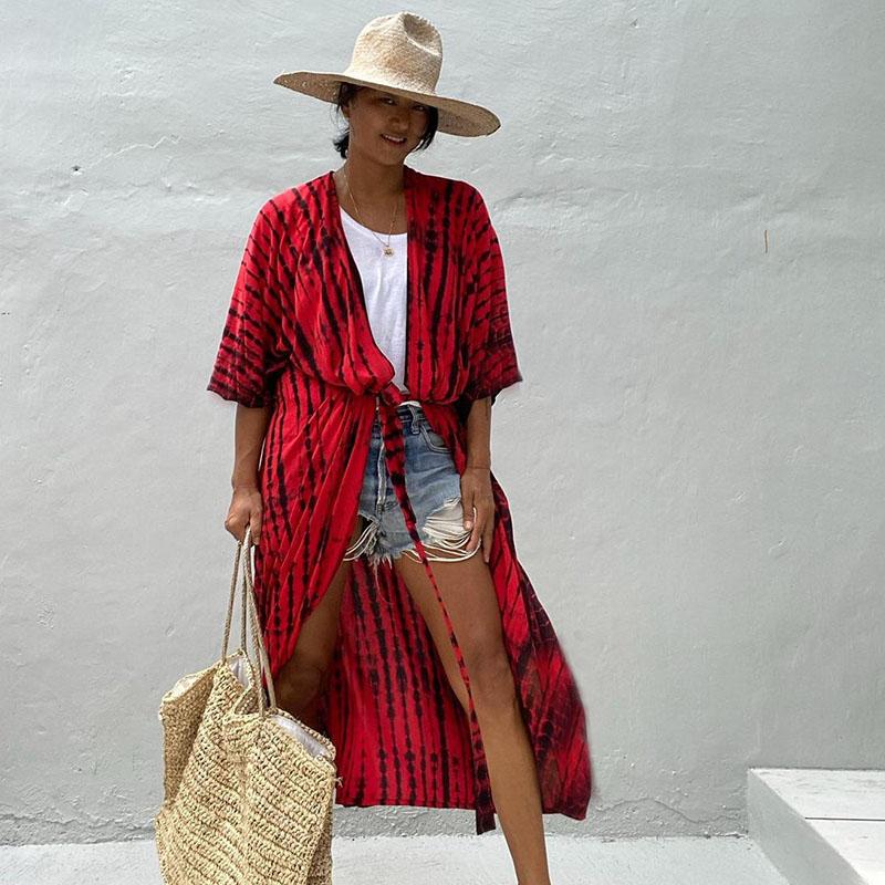Bikini Cover Up Damen Batikmuster Strand Kimono Badeanzug Cape Sommer Wickelkleid mit Gürtel Urlaubsbadeanzug
