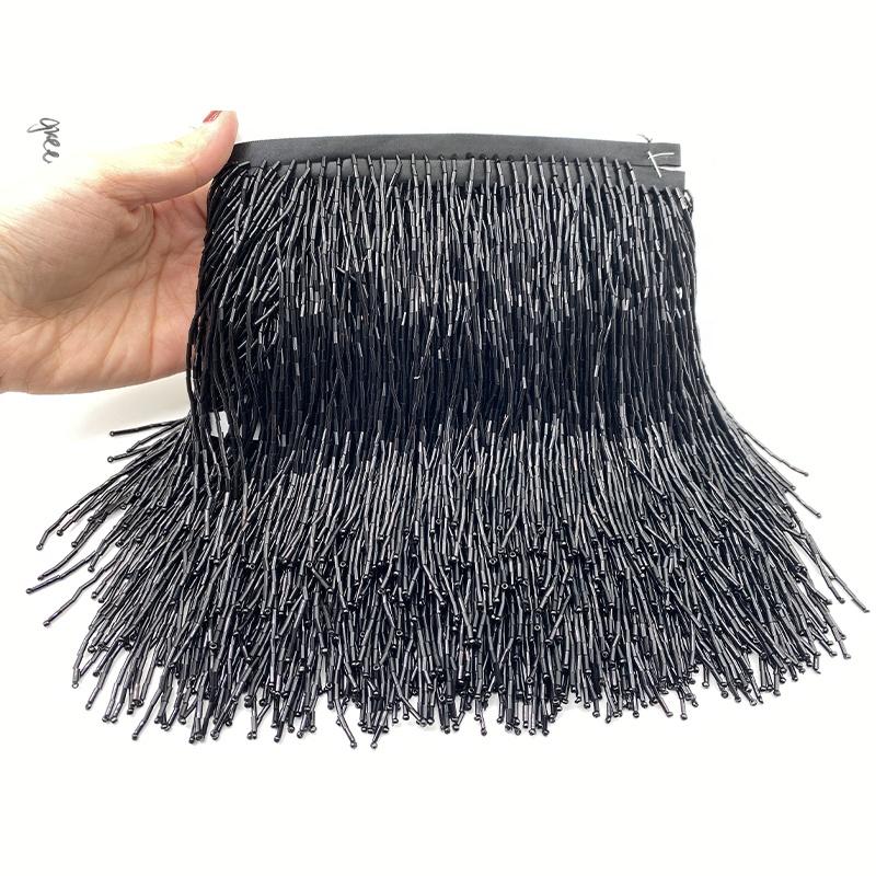 Super Dense Crystal Fringe Beads Lace Fabric Beaded Tassel Fringe Glass Trimming for Dance Fringe Dress чёрный