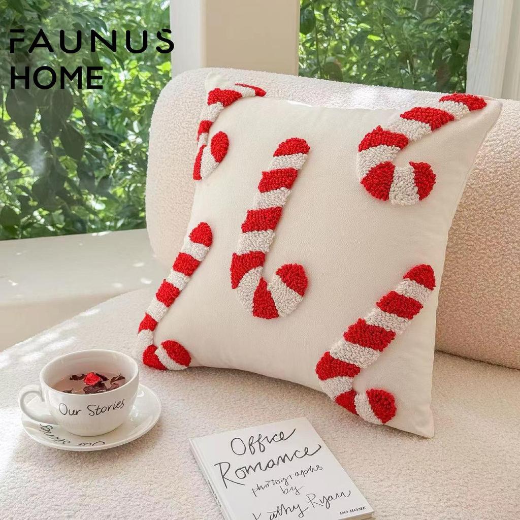 Christmas Embroidery Candy Cane & Santa Hat Tufted Throw Pillow Cover