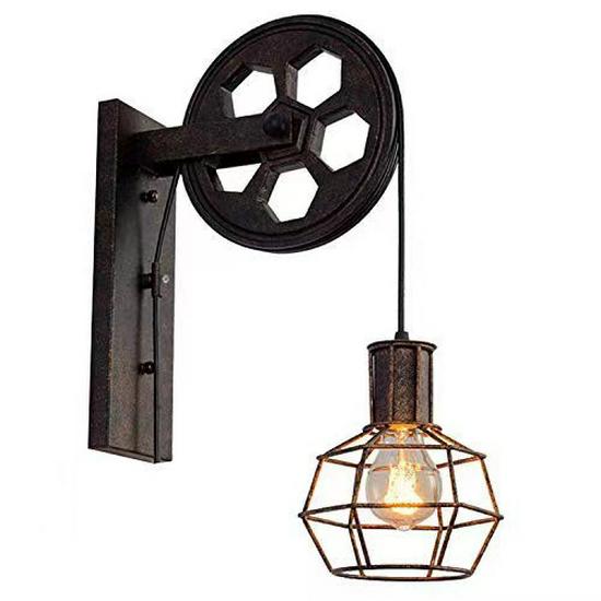Industrial Retro Iron Art Wall Lamp with Pulley for Restaurants, Corridors, and Hallways