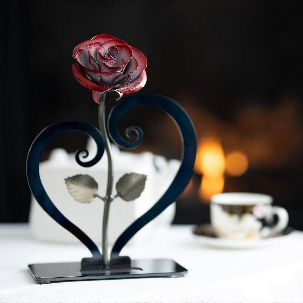Gift Hand-forged Wrought Iron Red Metal Rose With Heart - Shaped Stand