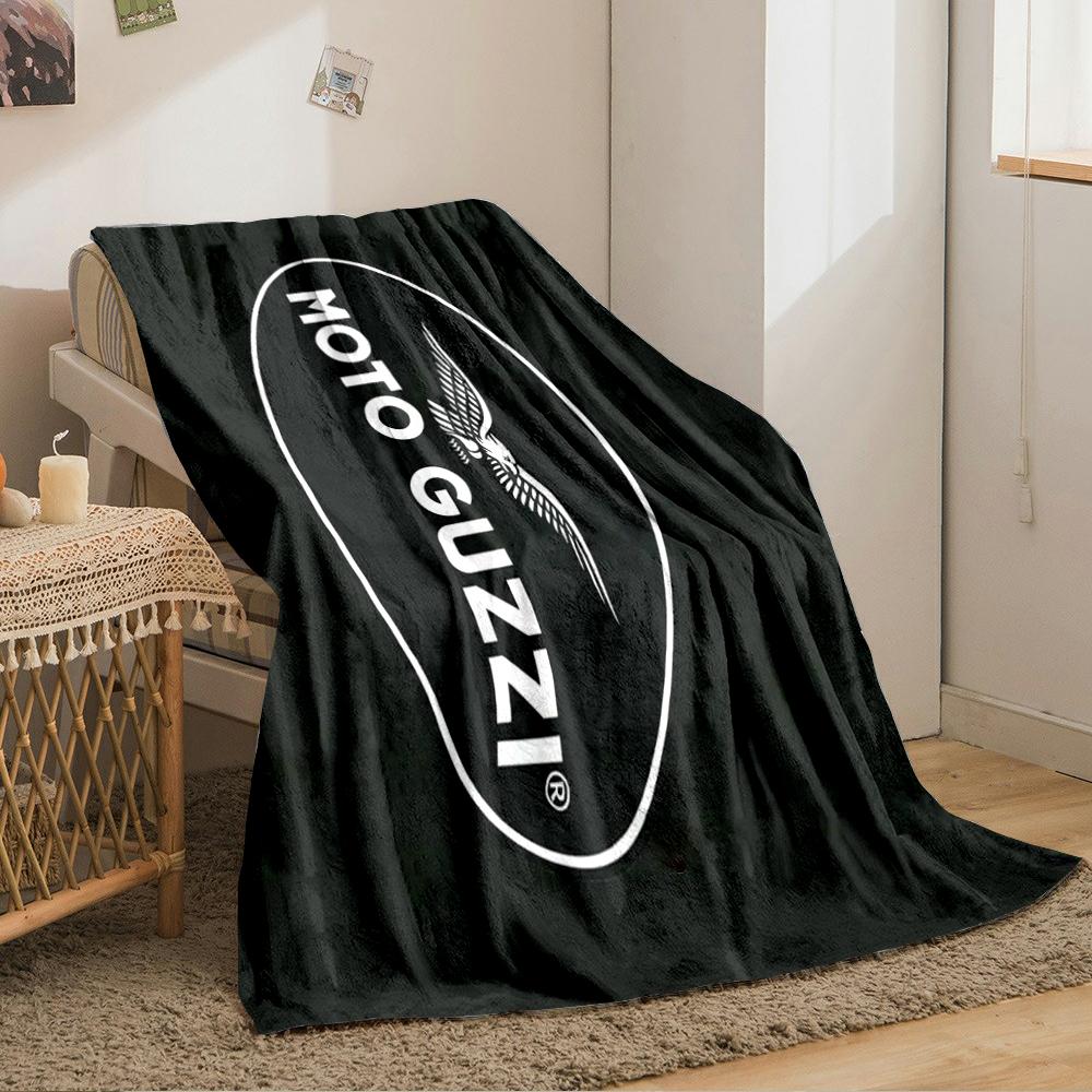 Moto Guzzi Oval White Logo on Solid Black Blanket Throw, Monochrome Italian Brand Style Design, Cozy Fan Bedding and All Seasons Gift