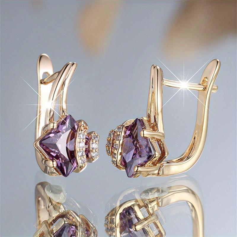 1 Pair Golden Color Square Cut Purple Stone Drop Earrings Valentine's Day Jewelry Gifts