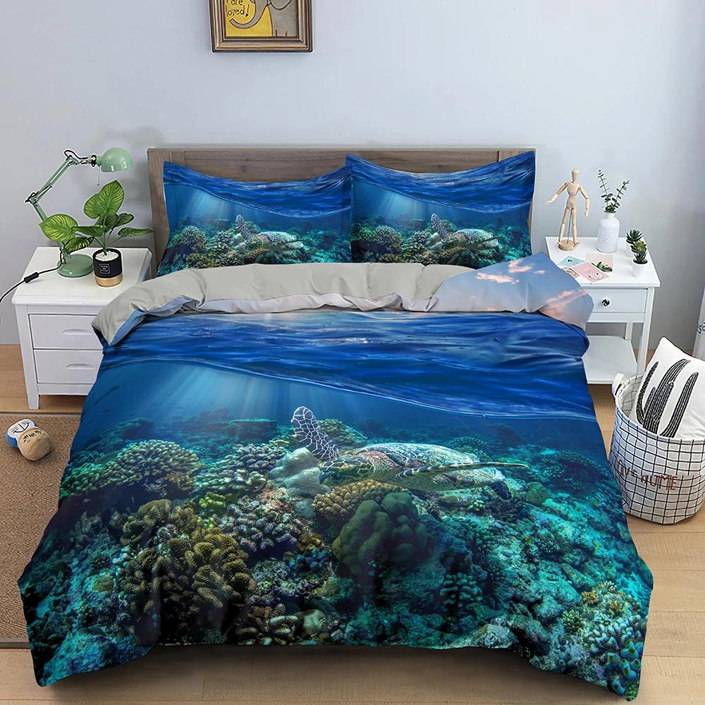 Comforter 3D Sea Turtle Bedding Set Psychedelic Animal Queen King Comforter Twin Full Size 2/3Pcs Polyester