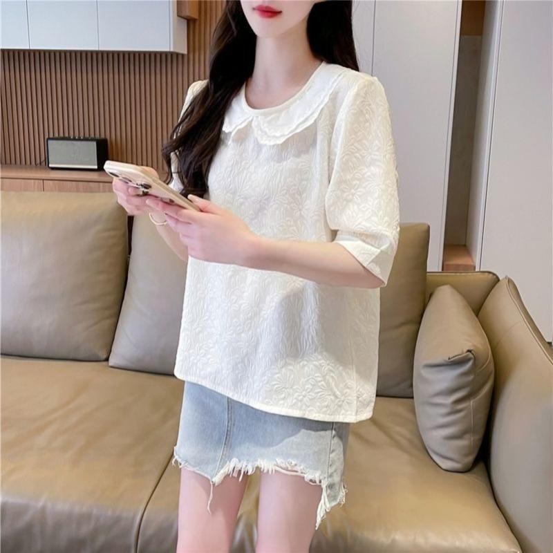 Women's Solid Color Shirt Ladies' Peter Pan Collar Short Sleeved Blouses Summer New Korean Version Versatile Loose Top