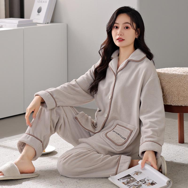 Winter Coral Fleece Pajamas Couple Men And Women Long-Sleeved Cardigan Fleece Thickened Flannel Thermal Loungewear Set