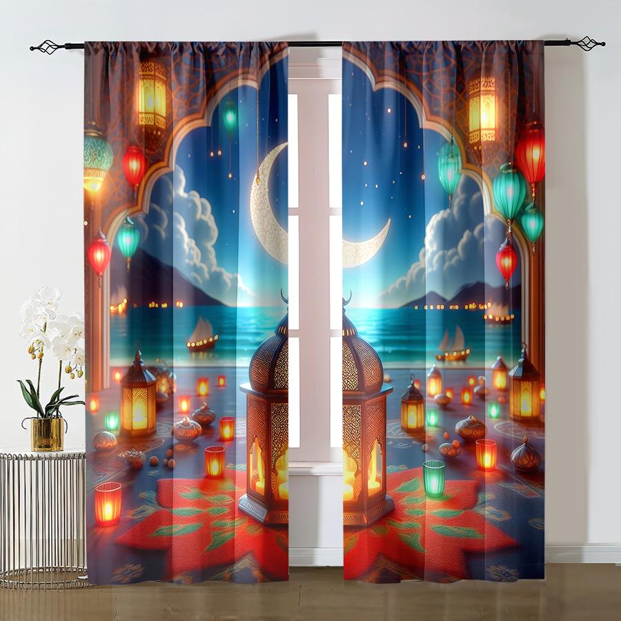 

2pcs Festive Lantern & Crescent Night Scene Curtains Ideal for Ramadan/Eid Window Decor Rod Pocket Curtains 100*130 Grommet Top 1pcs