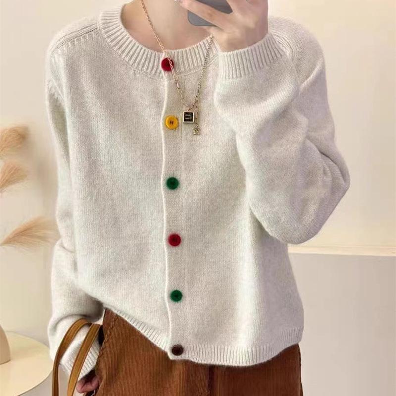 Autumn Women's Colourful Button Knit Cardigan Solid Colour Sweater Top