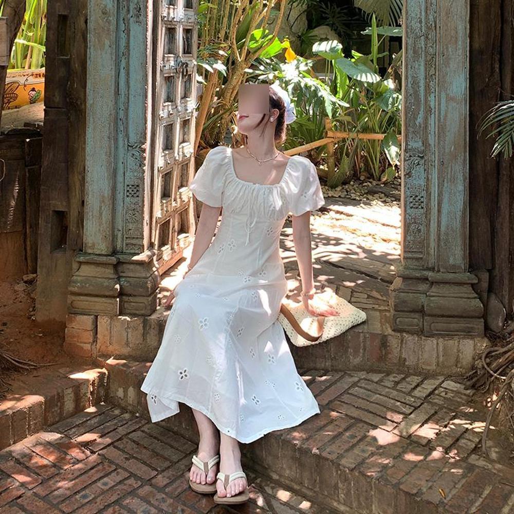 Gentle wind bubble sleeve strap square neck dress children embroidered hollow temperament long dress summer