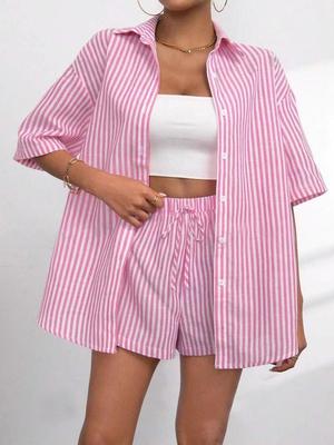 European-US Fashion New Spring-Summer Striped Lapel Suit: Casual Short Sleeve Shirt & Pants Two-Piece Set