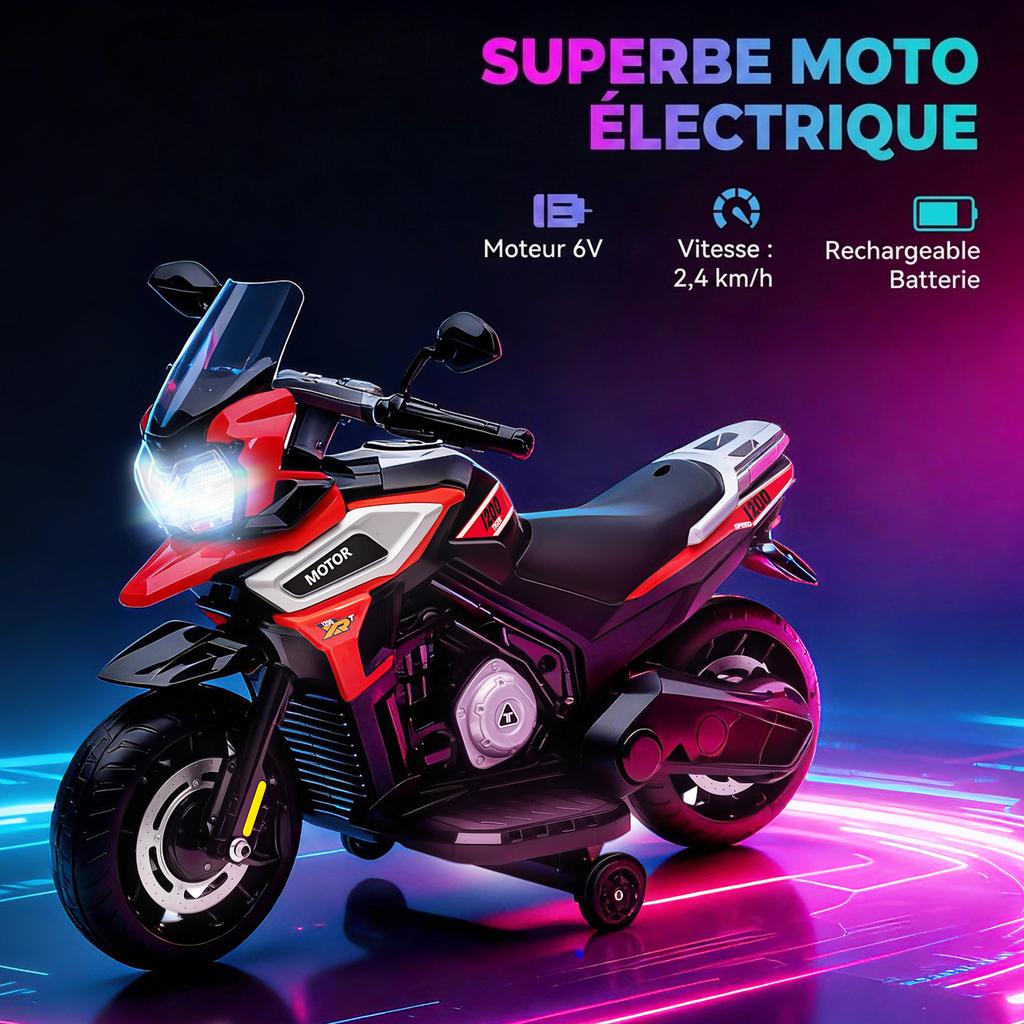 Kids Electric Motorcycle, 6V, Drive Wheels, Music, Light Effects, Red