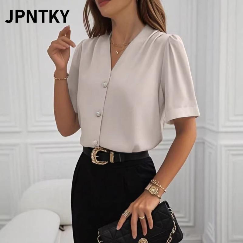 Blusas y Camisas Casuales de Moda para Mujer JPNTKY de Manga Corta con Cuello en V