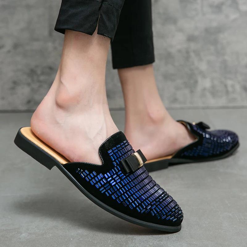 Fashion Summer Rhinestone Half Slippers Loafer Men's Shoes Mules Party Trendy Shoes Man Male Leather Casual Moccasins Shoes for Men