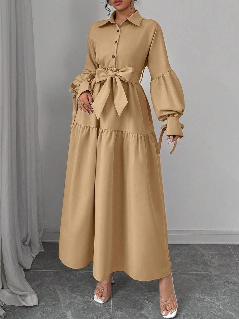 European & American Women's Lace-Up Puff Sleeve Dress