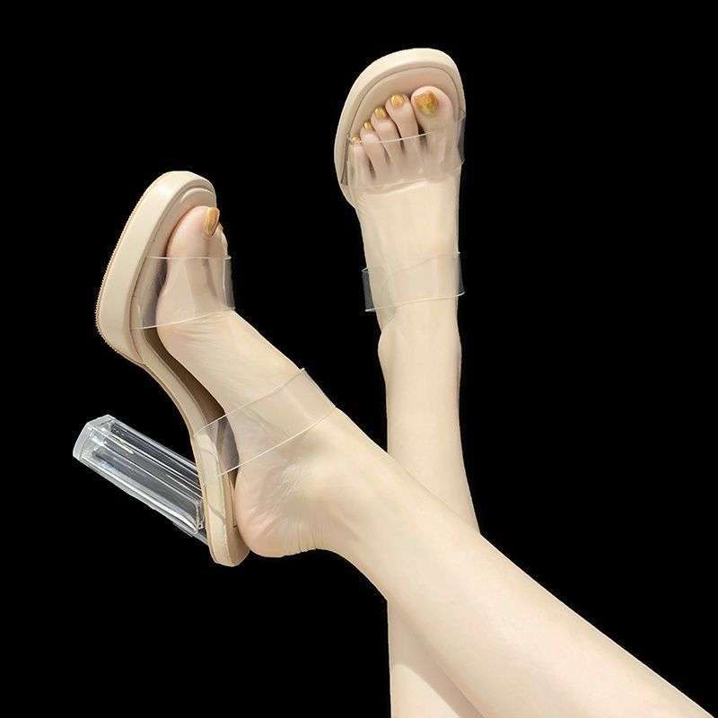 One Word with Transparent Crystal Super High Heel Waterproof Table Thick Heel Cool Slippers 2025 New Women's Summer Small Size 313233