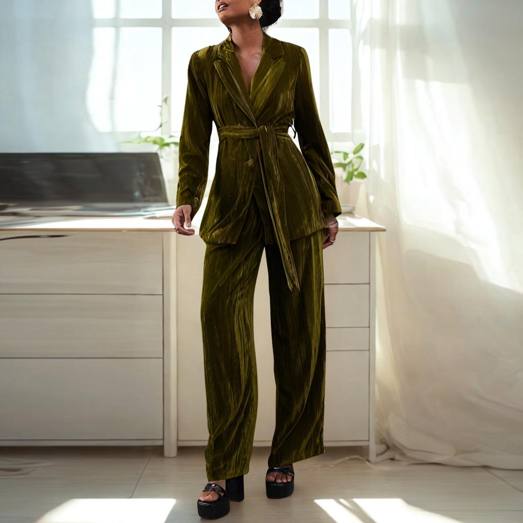 Women's Fashion Casual Long-Sleeved Solid-Colour Pleated Velvet Two-Piece Set With And Straight-Leg Trousers