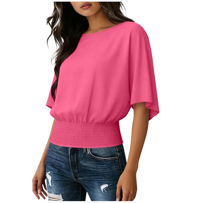 

European Style Solid Color Fashion Loose Fit Casual Short Sleeve Round Neck T-Shirt Women M розы красного