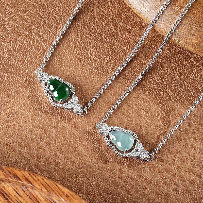Women 925 Sterling Silver Bracelet Natural Jadeite Gourd Bangle New Chinese Style Jewelry