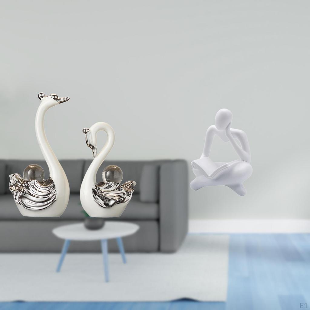 Porcelain Swan Figurine Collection And Abstract Thinker Statue Ornament for Living Room Bedroom