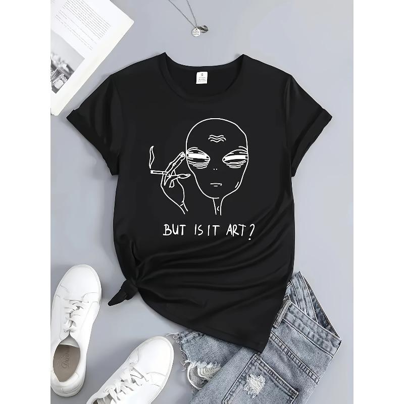 

Wo But Is It Art Graphic T-Shirt - Black Casual Crew Neck Tee with Alien Design, Stretchy Blend, Machine Washable, S чёрный