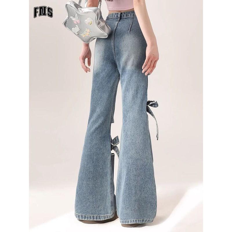 High Waist Distressed Denim Flare Pants Women Thin Cotton Blend Cropped Wide Leg Jeans With Bow Knot Detail
