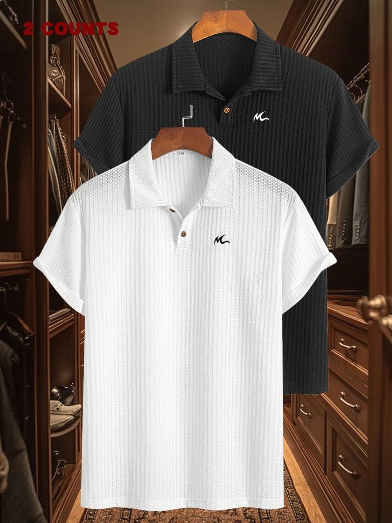 2pcs Men's Work Shirts with Print Textured Jacquard Short Sleeve Golf Polo Shirts Casual Comfortable Soft Knit Lapel Collar for Daily Business Wear