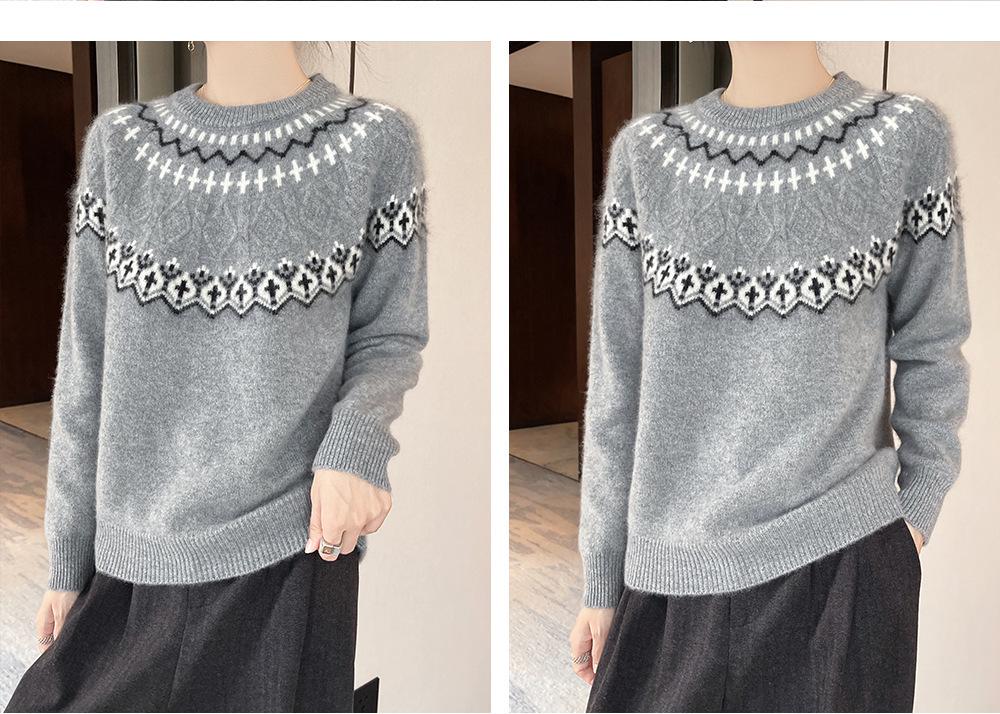 Women's Pure Wool Fair Isle Sweater - Round Neck, Long Sleeve, Loose Fit Knitwear