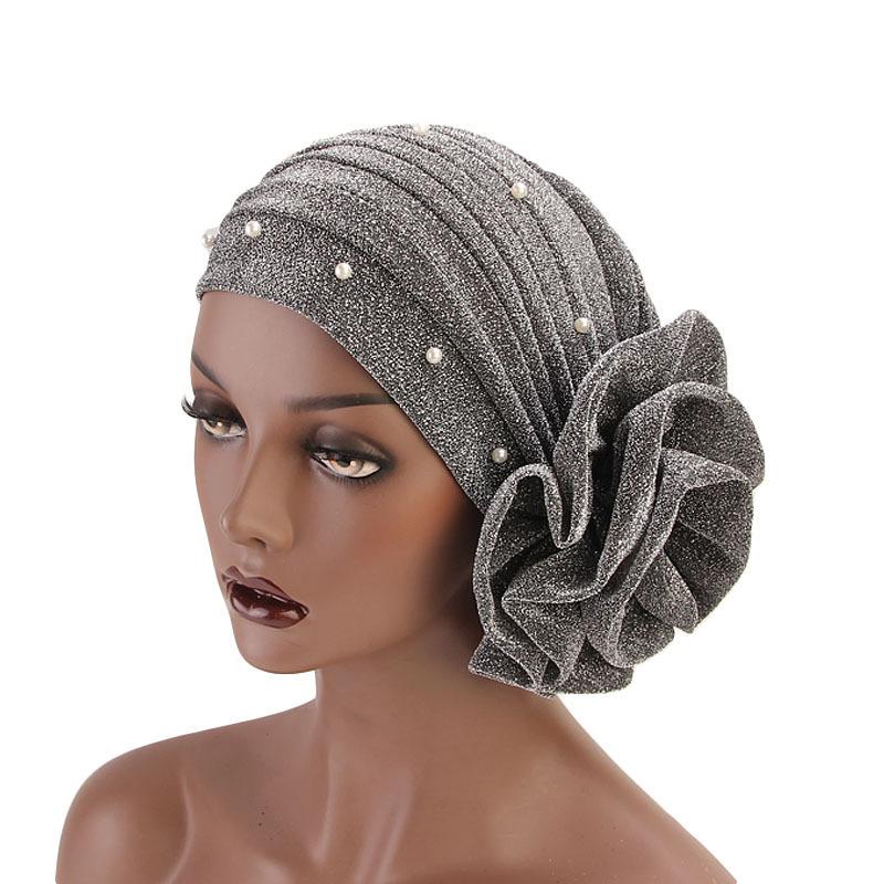 Elastic Beading Women Big Flower Turban Cap
