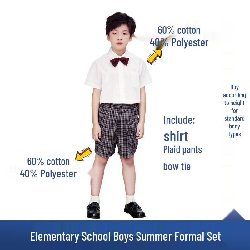 Shenzhen School Uniform Summer Set for Primary Boys & Girls: Short-Sleeved Shirt, Plaid Pants, Skirt, Short Skirt, and Bow Tie