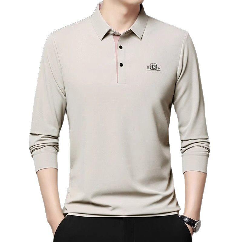 Long-Sleeved Polo Shirt Men'S Simple Casual Bottom Lapel Printed T-Shirt Bottom Shirt