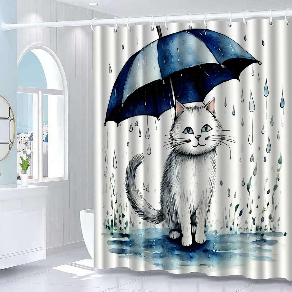 WhimsyCat Water-Resistant Shower Curtain, Umbrella Design, All-Season Use, Hooks Included, Woven Knit Fabric, Multi-Functional