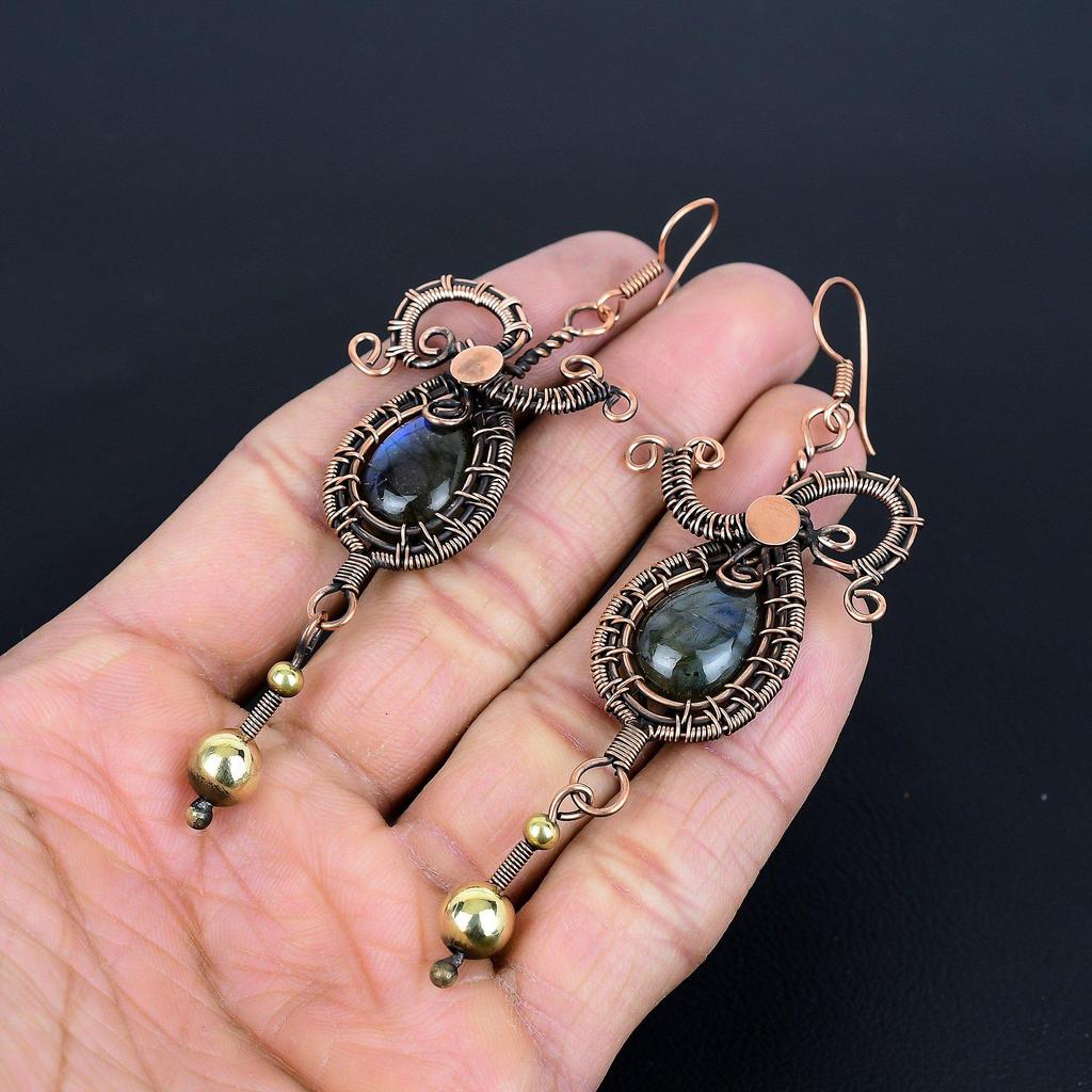 Labradorite 999 Copper Wire Wrapped Earrings, Handmade Gemstone Jewelry Earrings For Memorial Day