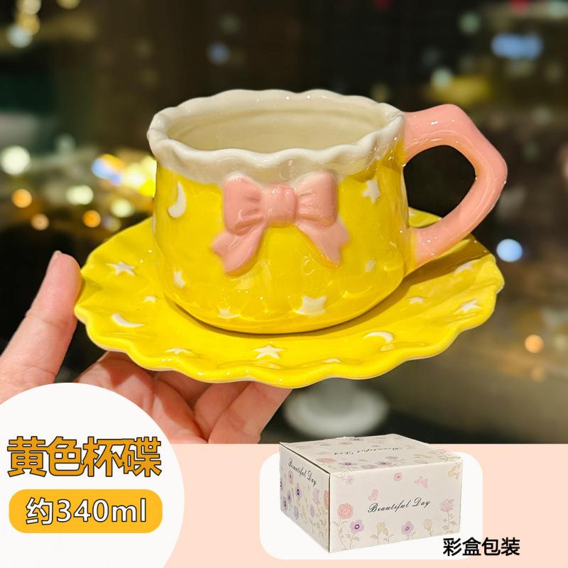

European Style Bowknot Ceramic Coffee Cup Home Cartoon Cute Girl Bowknot Ceramic Tea Cup Modern Breakfast Milk and Bread Cup 340ml
