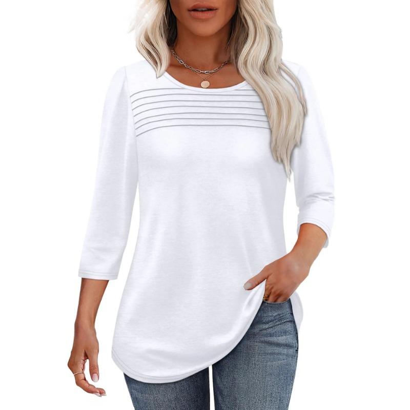 Autumn Round Neck Seven Quarter Sleeve Pleated Top Women's T-shirts