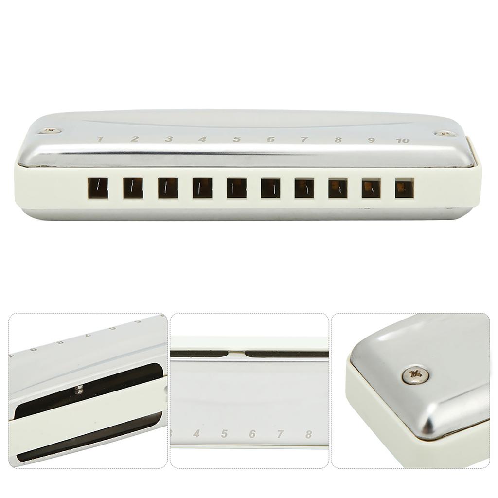 Blues Harmonica 10 Holes Mouthorgan Bb Key Stainless Steel ABS Resin Wind InstrumentWhite