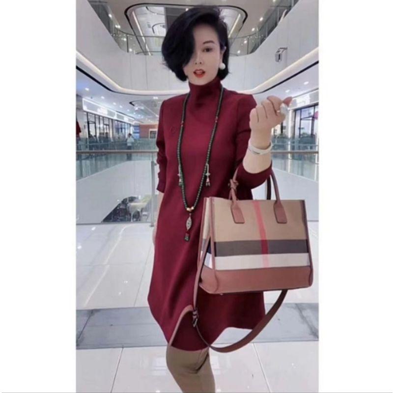 

Inclusive Skirt! Large Version ~ Women s High Collar Nine-Quarter Sleeve Glossy Silk a Sub Embroidered Hide Belly Dress Fall and Winter Burgundy 4XL recommend 85.00kg
