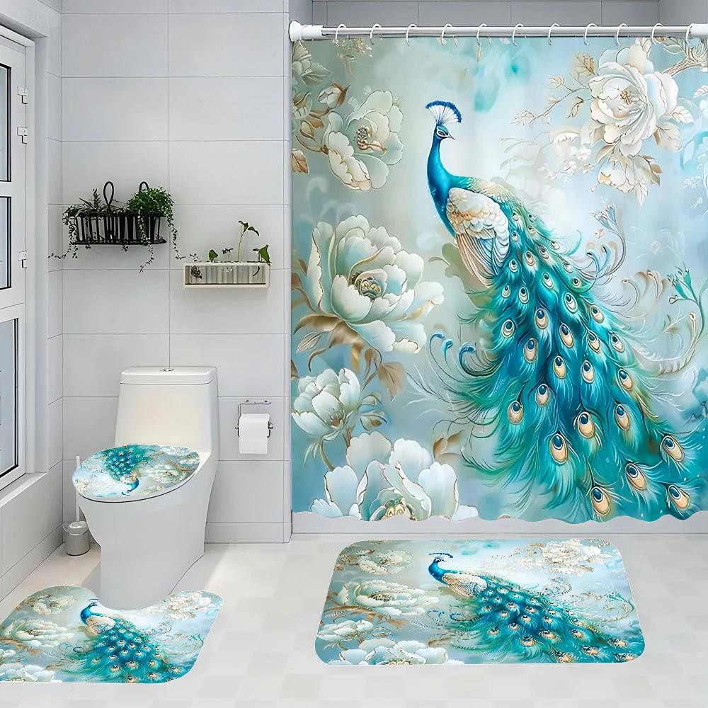 4pc Peacock pattern bath curtain set, 2D flat printing bathroom partition curtain, modern home curtain decoration