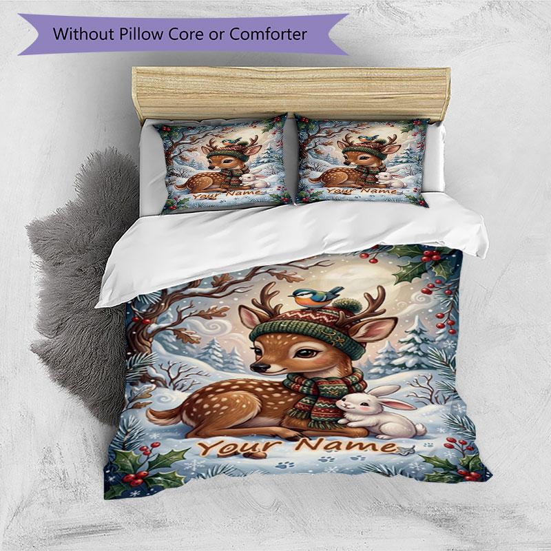 3PC Custom Name Winter Wonderland Scene Bedding Set Duvet Cover Closure Includes 1 Duvet Cover & 2 Pillowcases for Bedroom
