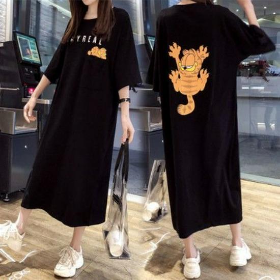 Korean Style Plus Size Cartoon T-shirt Dress for Women - Short Sleeve, Over Knee Length, Loose Fit, Maternity Friendly 3XL