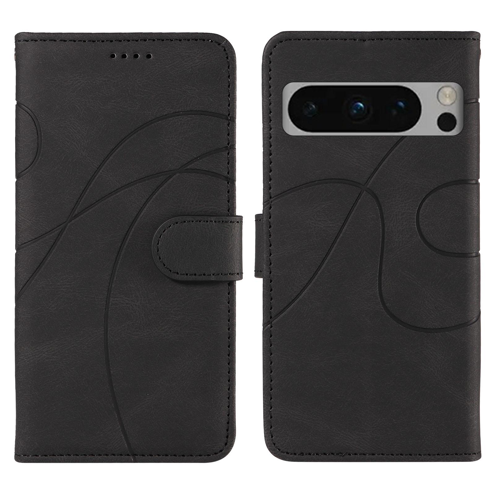 

For Google Pixel 8 Pro Wallet Case Leather Phone Cover Stand with Curved Line Design - Black