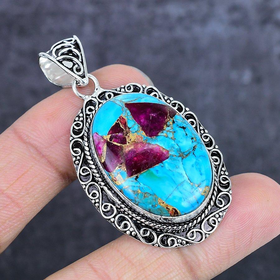 Natural Cotton Candy Turquoise 925 Sterling Silver Jewelry Pendant 2.21" ETC-14019