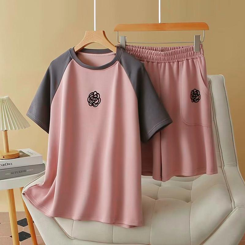 

Летняя корейская футболка с коротким рукавом и шорты в стиле Харадзюку для бега, комплект из двух предметов для молодой девушки, большой размер, цветные блоки, повседневные свободные спортивные костюмы для женщин 3XL розовый