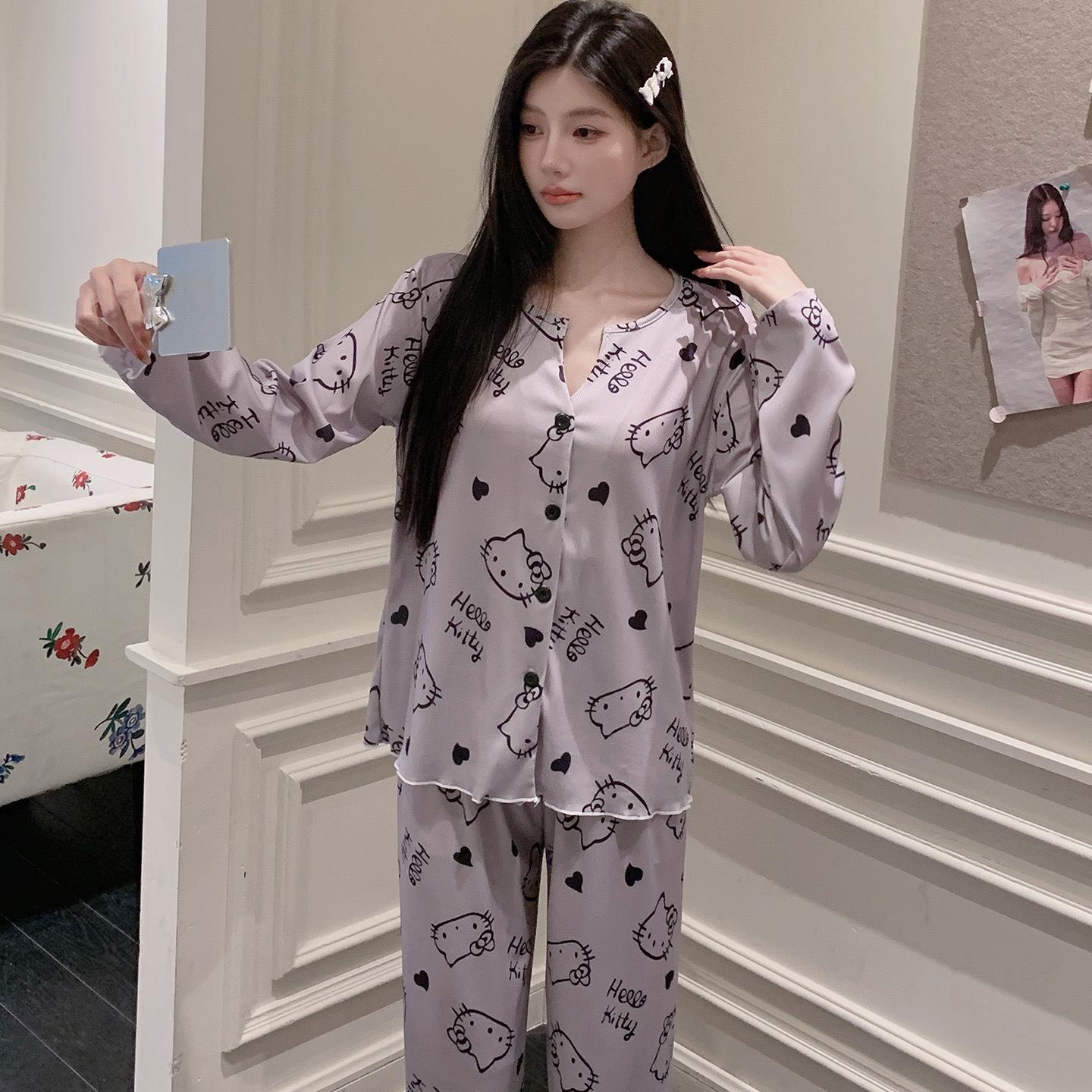 Women s Spring Ribbed Ice Silk Printed Cardigan & Long Sleeve Set - Korean Style, Loose Fit, Cute Homewear 116-145 lbs