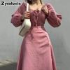 New Autumn Sexy Slit Dress for Women, Long Wrinkle Fabric Midi Skirt Female French Style Long Sleeve Square Neck Dress