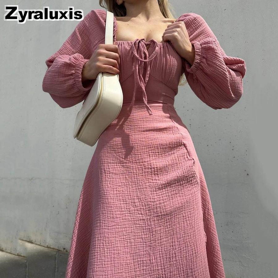 New Autumn Sexy Slit Dress for Women, Long Wrinkle Fabric Midi Skirt Female French Style Long Sleeve Square Neck Dress